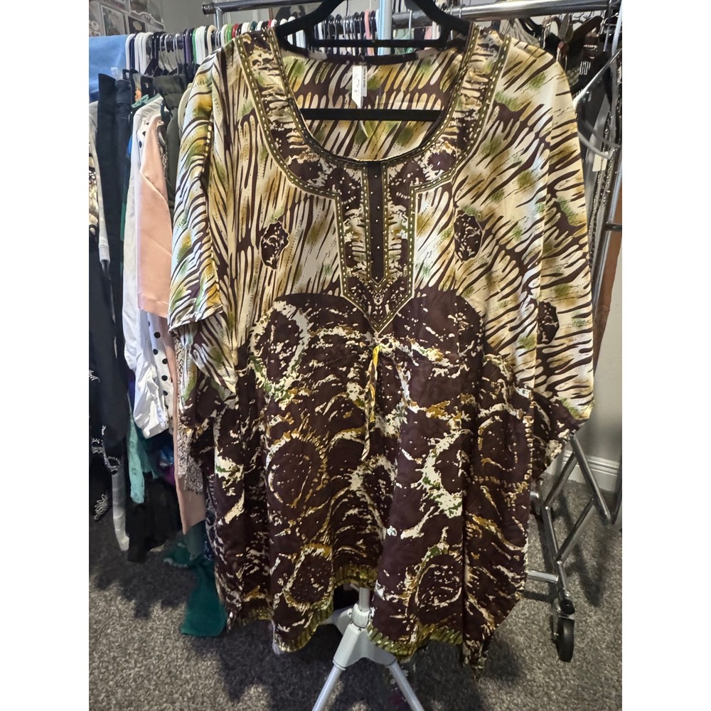 072 Ocean Breeze Brown Animal Print Beaded Caftan Tunic Top‎ Plus Size